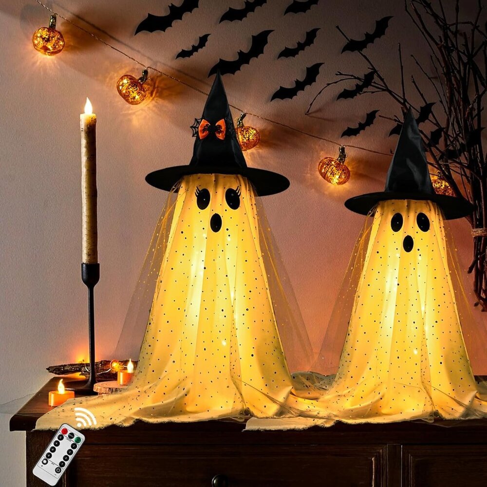 2pcs Halloween Decorations Indoor,Ghost Decor with String Lights Remote Control,